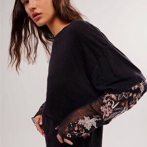NWOT Free People Gardner Floral Lace Sleeve Top